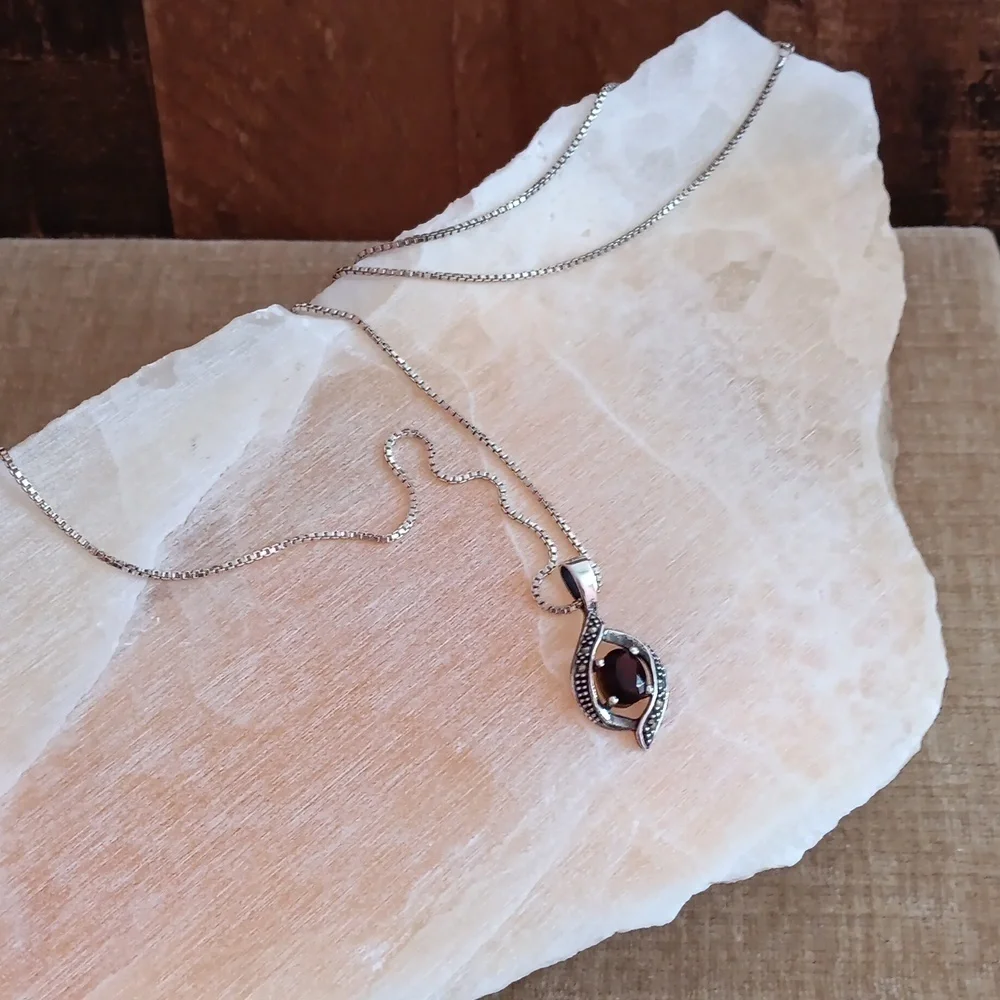 Sterling Silver Box Chain Glass Red Stone Marcasite Pendant Necklace